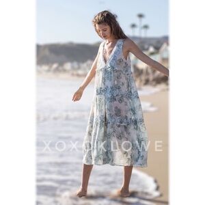 POL Sage & White Sleeveless Tiered Button Front Midi Dress
